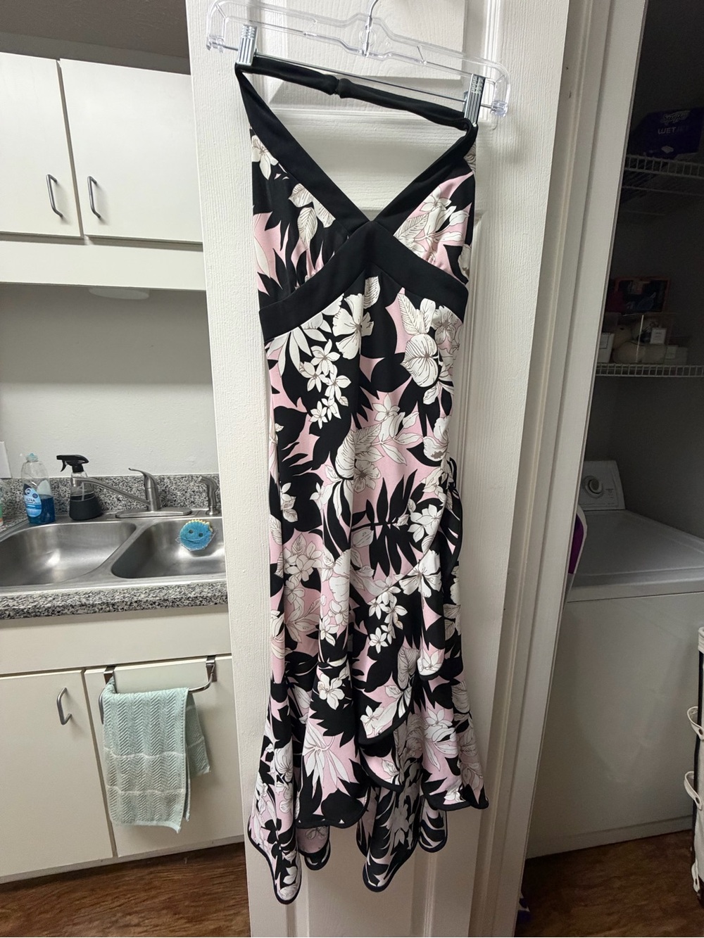 Trixxi Black Floral One-Shoulder Midi Dress with Pink Accents